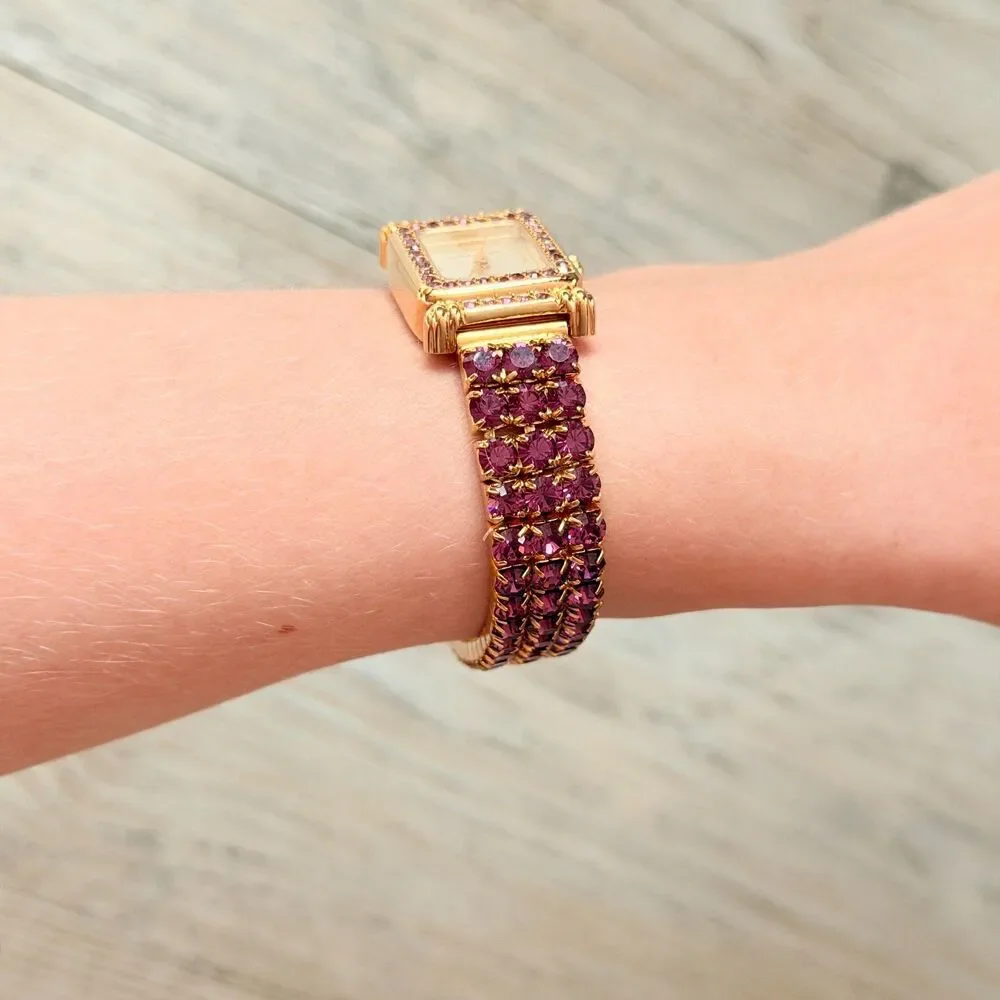 Vintage Vernier Purple Rhinestone Gold Bracelet Watch Y2K Glam Crystal Jewelry